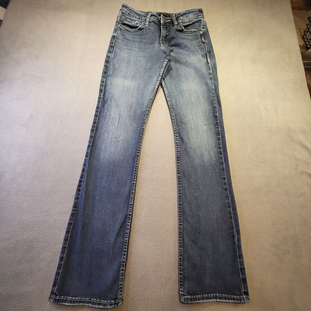 Silver Jeans Womens 29x33 Suki Slim Boot Blue Denim Distressed Dark Wash